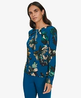 Calvin Klein Petite Printed Pleat-Neck Long-Sleeve Top