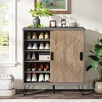 Tribesigns 5-Tier Shoe Cabinet with Sliding Doors, Wood Shoe Organizer with Metal Legs