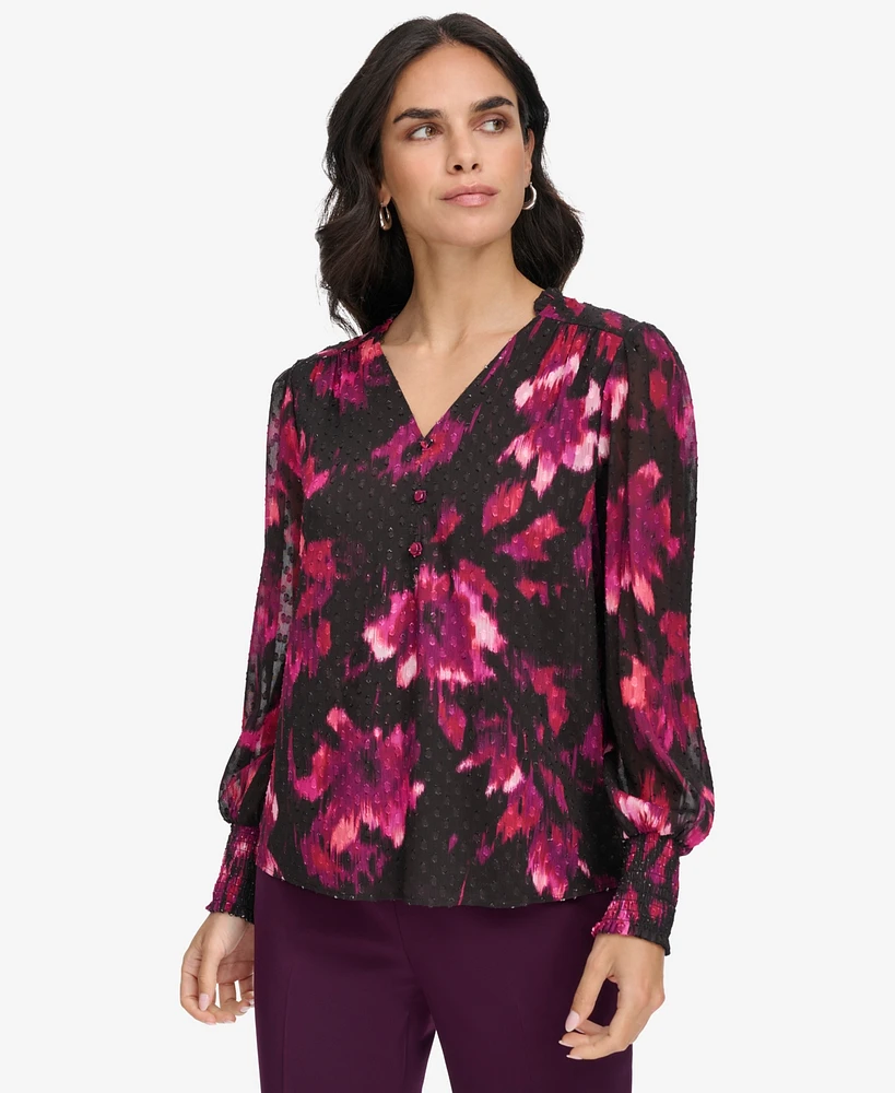 Calvin Klein Women's Printed V-Neck Long-Sleeve Blouse