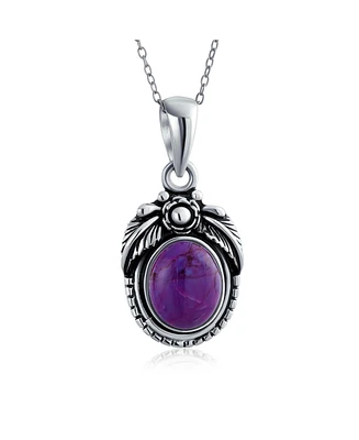 Bling Jewelry Southwest Purple Natural Turquoise Oval Leaf Feather Pendant Necklace For Women Sterling Silver