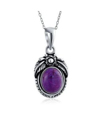 Bling Jewelry Southwest Purple Natural Turquoise Oval Leaf Feather Pendant Necklace Sterling Silver