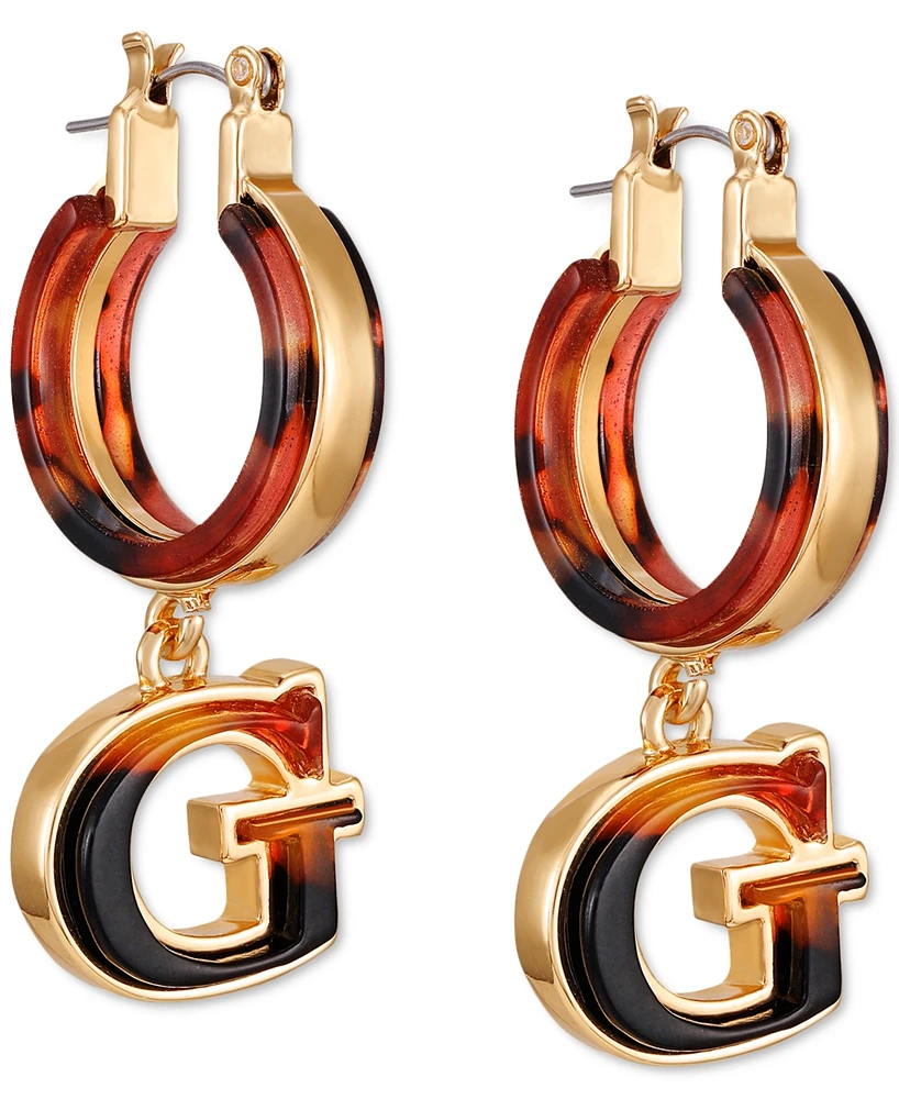 Guess Gold-Tone Tortoise-Look G Charm Hoop Earrings