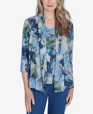 Alfred Dunner Petite Classics Watercolor Floral Melange Two One Top