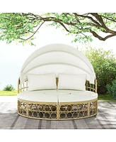 Outdoor Patio Round Daybed with Retractable Canopy Soft Cushions for Garden
