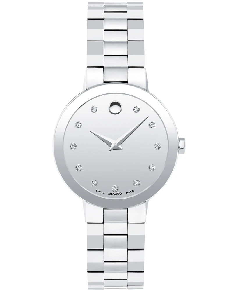 Movado Women's Sapphire Swiss Quartz Stainless Steel Diamond Accent Watch 28mm - Silver