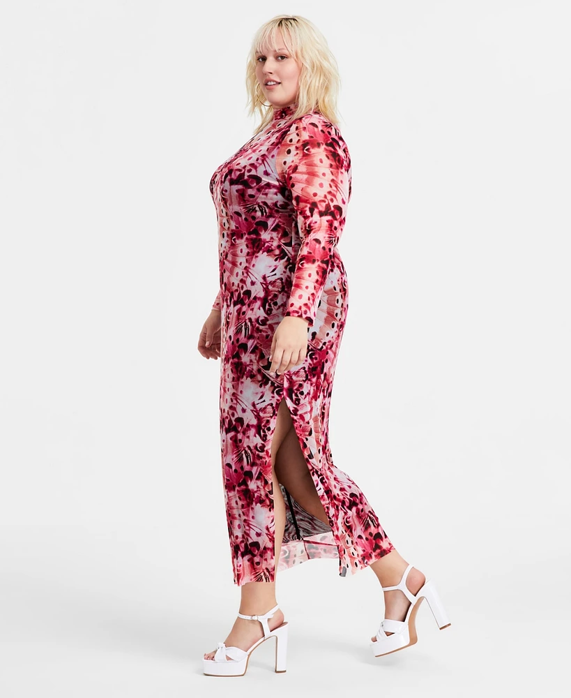 Bar Iii Trendy Plus Printed Mesh Mock Neck Bodycon Dress, Created for Macy's
