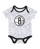 Outerstuff Baby Boys and Girls Black/White/Gray Brooklyn Nets Slam Dunk 3-Piece Bodysuit Set