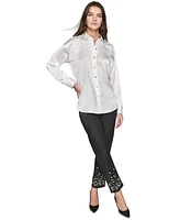 Karl Lagerfeld Paris Women's Imitation-Pearl Satin Button-Front Top, Regular & Petite