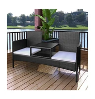 vidaXL 2-Seater Patio Sofa with Tea Table Poly Rattan