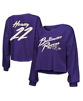 Majestic Women's Derrick Henry Purple Baltimore Ravens Name Number Off-Shoulder Script Cropped Long Sleeve V-Neck T-Shirt