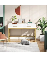 Tribesigns Modern Computer Desk with 2 Drawers, 41 Inches Study Writing Office Desk for Home Office, Bedroom, Makeup Vanity Table Desk with Gold Metal