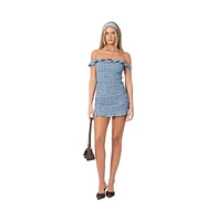 Edikted Women's Off Shoulder Scrunched Plaid Mini Dress