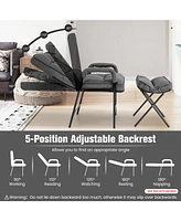Sugift Linen Fabric Modern Accent Chair with Ottoman and Adjustable Backrest-Gray