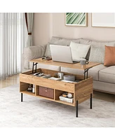 Sugift Living Room Central Table with Lifting Tabletop and Metal Legs-Natural