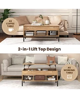 Sugift Living Room Central Table with Lifting Tabletop and Metal Legs-Natural