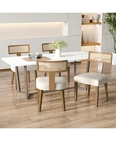 Sugift Set of 2 Linen Fabric Upholstered Accent Dining Chairs with Curved Rattan Backrests-Beige