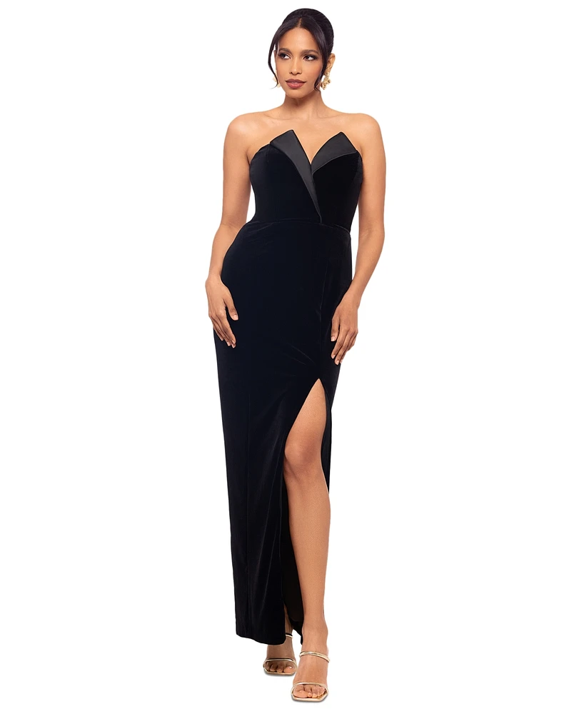 Betsy & Adam Petite Strapless Front-Slit Velvet Gown