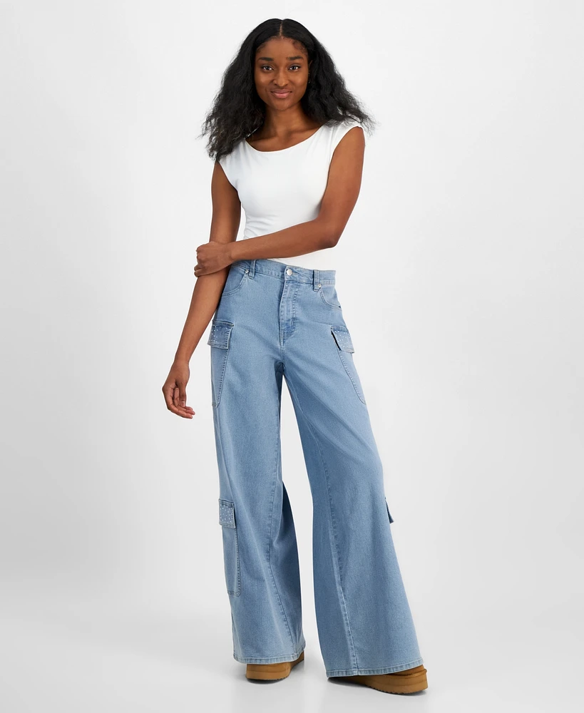 Madden Girl Juniors' Rhinestone-Trim Wide Leg Jeans