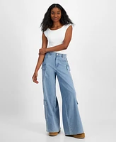 Madden Girl Juniors' Rhinestone-Trim Wide Leg Jeans