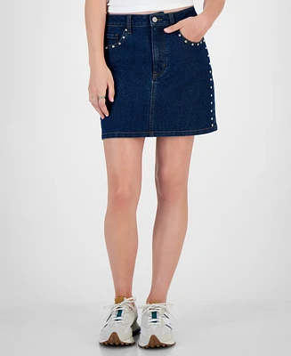 Tinseltown Juniors' Studded High-Rise Mini Skirt