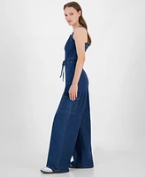 Tinseltown Juniors' Wide-Leg Square-Neck Tie-Front Cargo Jumpsuit