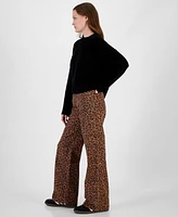 Tinseltown Juniors' Leopard-Print Wide-Leg Jeans