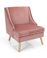 Sugift Velvet Wing Back Accent Chair with Rubber Wood Legs and Padded Seat for Living Room-Pink