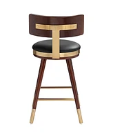 Studio 55D Parker Walnut Wood Gold Metal Bar Stool Brown 25 1/2" High Mid Century Modern Black Leather Upholstered with Backrest Footrest for Kitchen