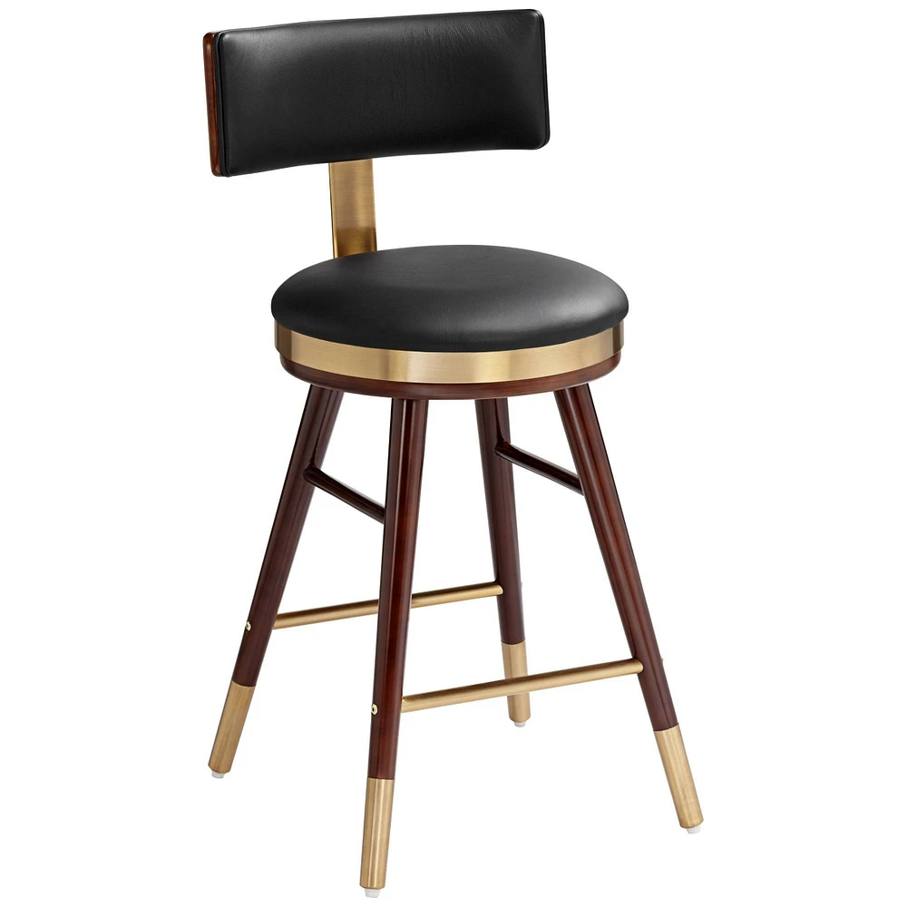 Studio 55D Parker Walnut Wood Gold Metal Bar Stool Brown 25 1/2" High Mid Century Modern Black Leather Upholstered with Backrest Footrest for Kitchen