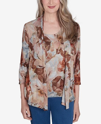 Alfred Dunner Petite Classics Watercolor Floral Melange Two One Top