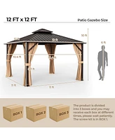 Givimo 12 x 12 Feet Double-Roof Patio Hardtop Gazebo with Galvanized Steel Roof Netting and Curtains-Coffee