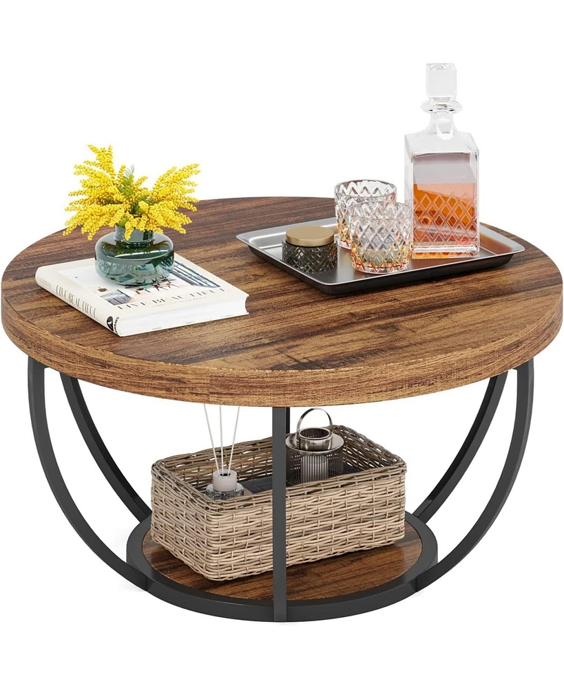 Tribesigns Round Coffee Table, Industrial 2-Tier Circle Coffee Table with Storage Shelves, Modern 31.7" Wooden Accent Center Table for Living Room, Ho