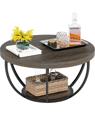 Tribesigns Round Coffee Table, Industrial 2-Tier Circle Coffee Table with Storage Shelves, Modern 31.7" Wooden Accent Center Table for Living Room, Ho