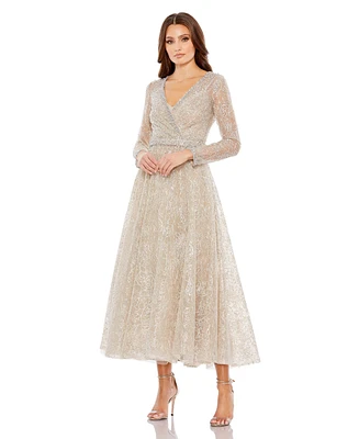 Women's Embellished Wrap Over Long Sleeve Midi Dress