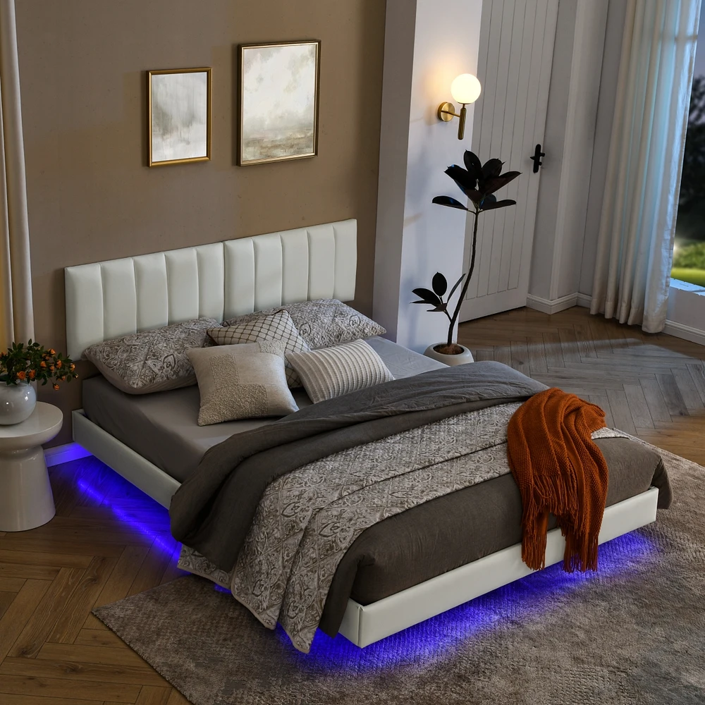 Streamdale Furniture Queen Led Lighted Platform Bed with Wall Headboard