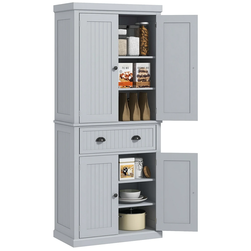 Simplie Fun 72" Gray Beadboard Kitchen Pantry with 4 Doors and 3 Shelves