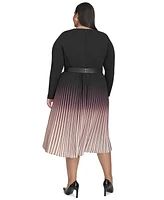 Dkny Plus Ombre Belted Pleated-Skirt Long-Sleeve Dress