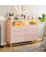 gaomon 6 Drawer Double Dresser Tv Stand with Power Outlet & Led Light - Wood Dresser for Nursery, Living Room, Hallway