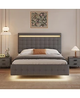 Streamdale Furniture Queen Platform Bed Frame with Led Headboard and Upholstery