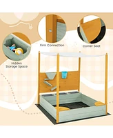 Costway Kids Sandbox with Sand Wall Detachable Canopy Bottom Liner Water Bucket Outdoor