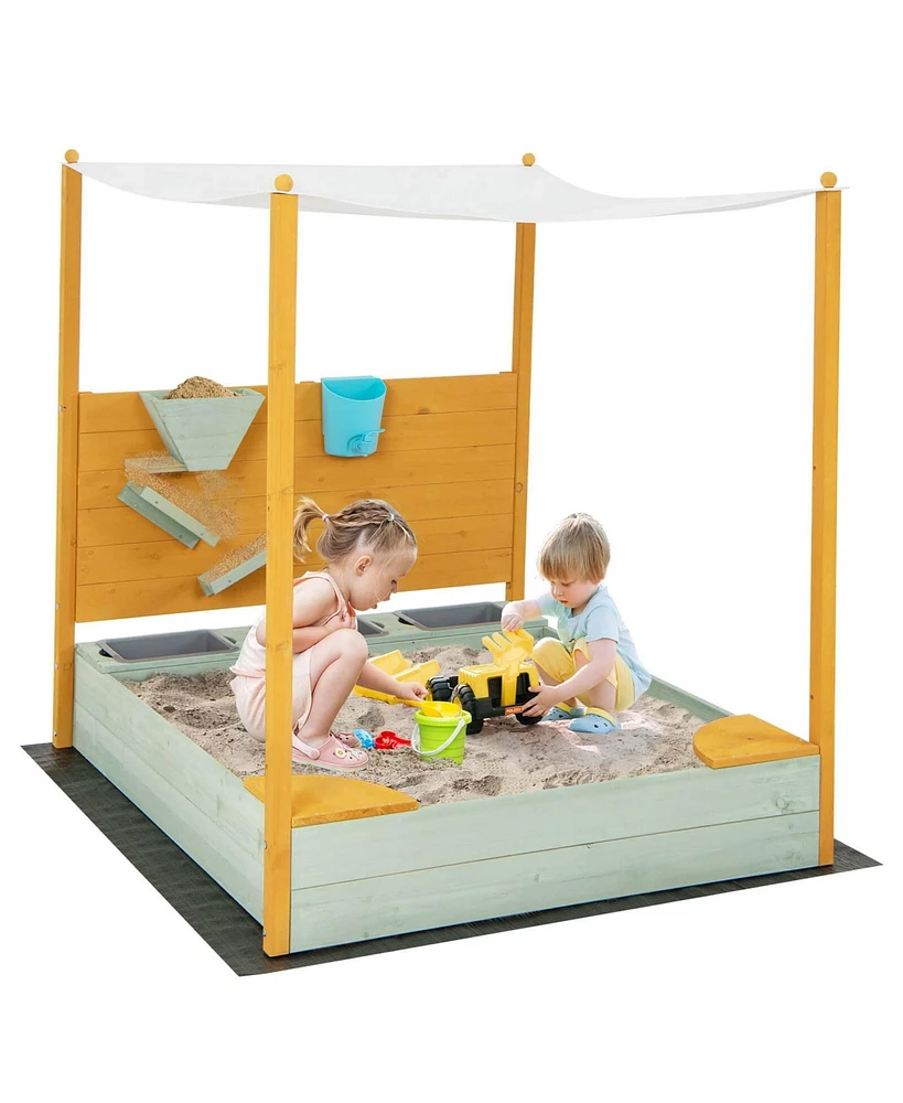 Costway Kids Sandbox with Sand Wall Detachable Canopy Bottom Liner Water Bucket Outdoor