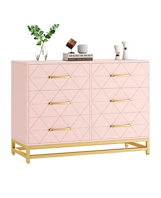 gaomon Dresser for Bedroom with 6 Drawer Double Dressers, Modern Wooden Dresser Chest, Beside Table for Closet, Nursery, Living Room, Pink_15.8 x 39.4