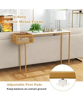 Sugift Rectangular White Faux Marble Console Table with Storage-Gold