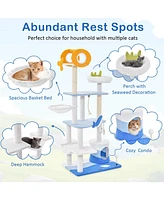 Skonyon Multi-level Ocean-themed Cat Tree Tower with Sisal Covered Scratching Posts-Blue