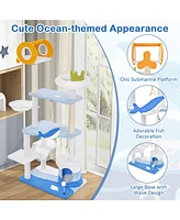 Skonyon Multi-level Ocean-themed Cat Tree Tower with Sisal Covered Scratching Posts-Blue