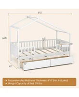 Skonyon Twin House Bed with 2 Storage Drawers and Roof & Fence Rails-White