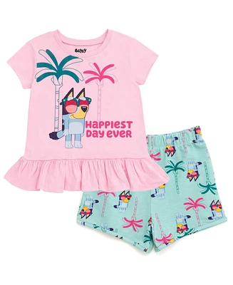 Bluey Little Girls T-Shirt and French Terry Shorts Outfit Set to (2T - 10-12)