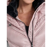 Dkny Women's Hooded Puffer Vest with Contrast Scuba and Teddy Faux Fur Collar