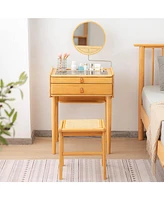 Sugift Bamboo Makeup Vanity Table with Stool and Rotating Mirror