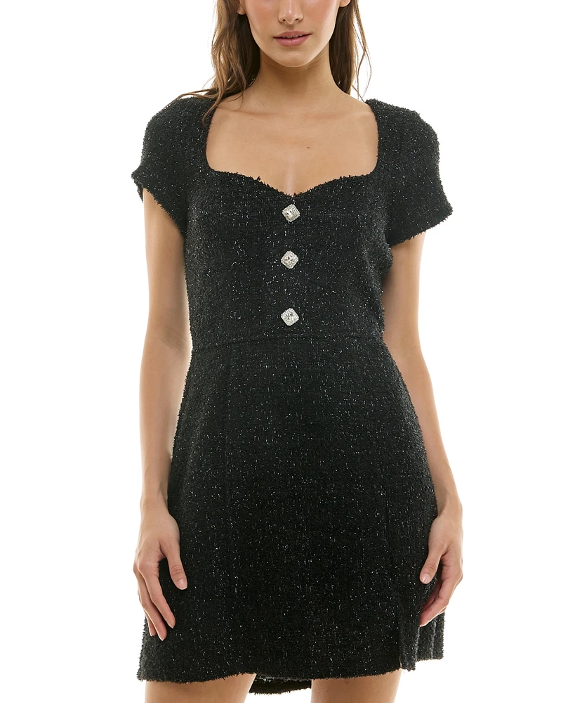 Trixxi Juniors' Sweetheart-Neck Short-Sleeve Boucle Dress